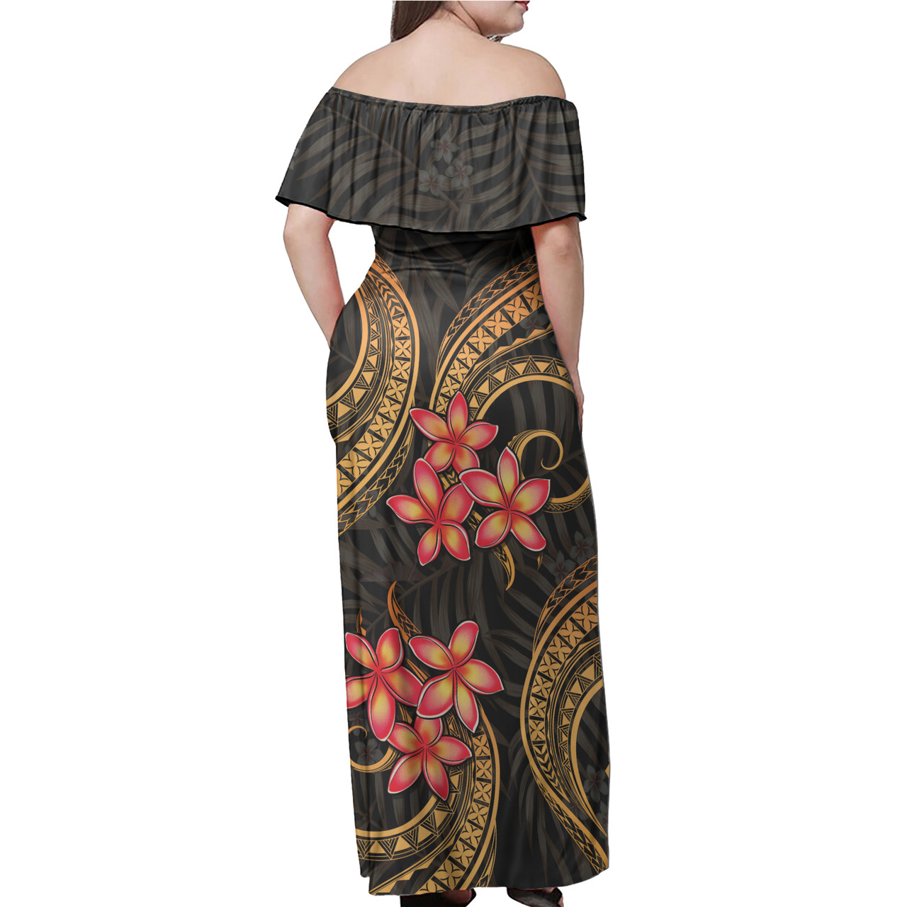 Polynesian Woman Off Shoulder Long Dress Polynesian Gold Plumeria2