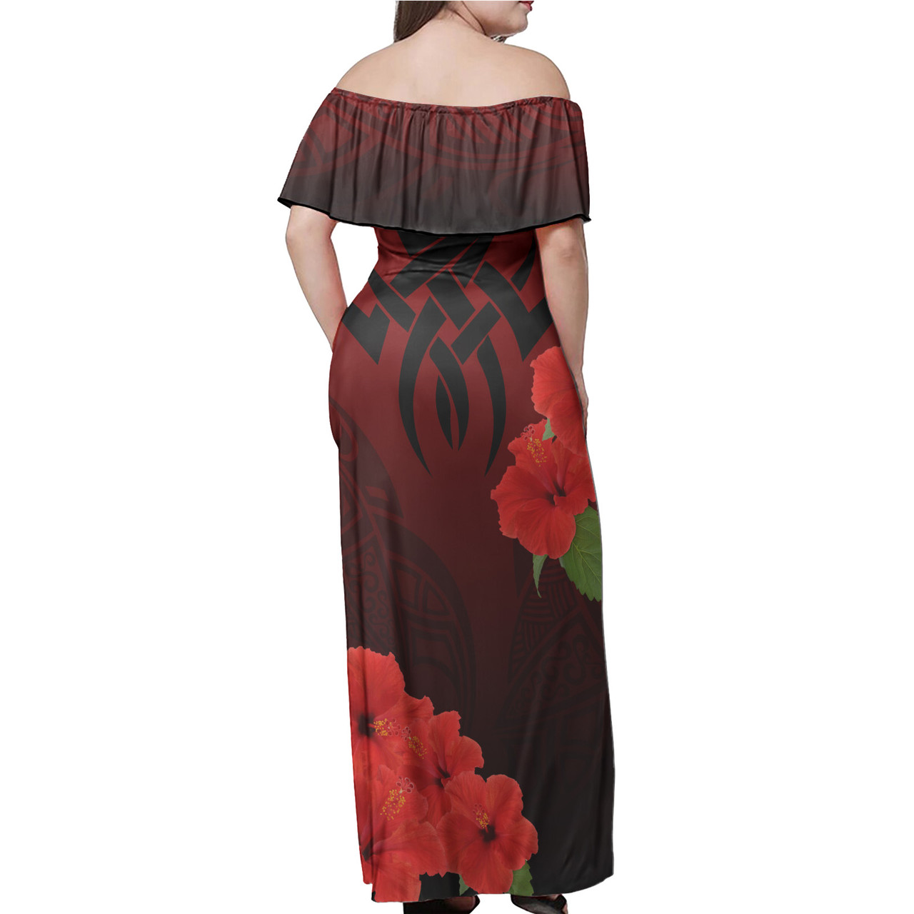 Polynesian Woman Off Shoulder Long Dress - Polynesian with Hibiscus Flower Red