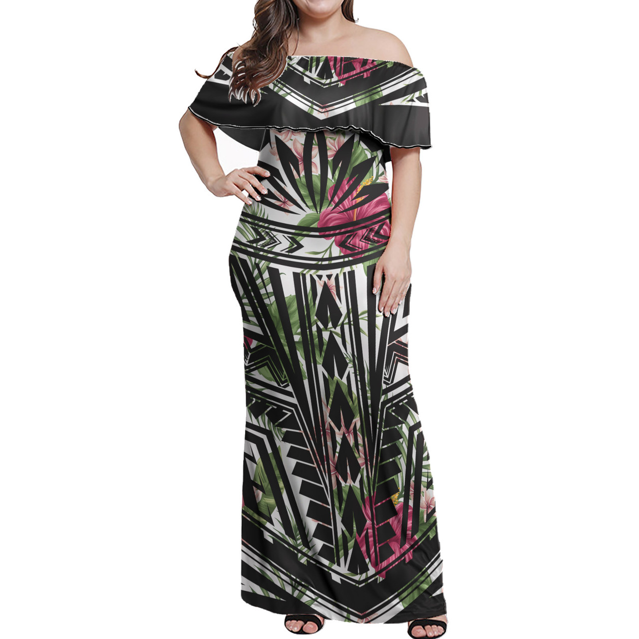 Polynesian Woman Off Shoulder Long Dress - Tropical Flower Polynesian Pattern