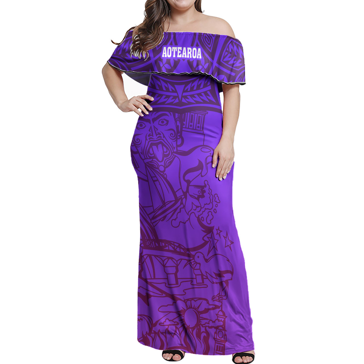 Polynesian Woman Off Shoulder Long Dress - Aotearoa Maori Polynesian Pattern