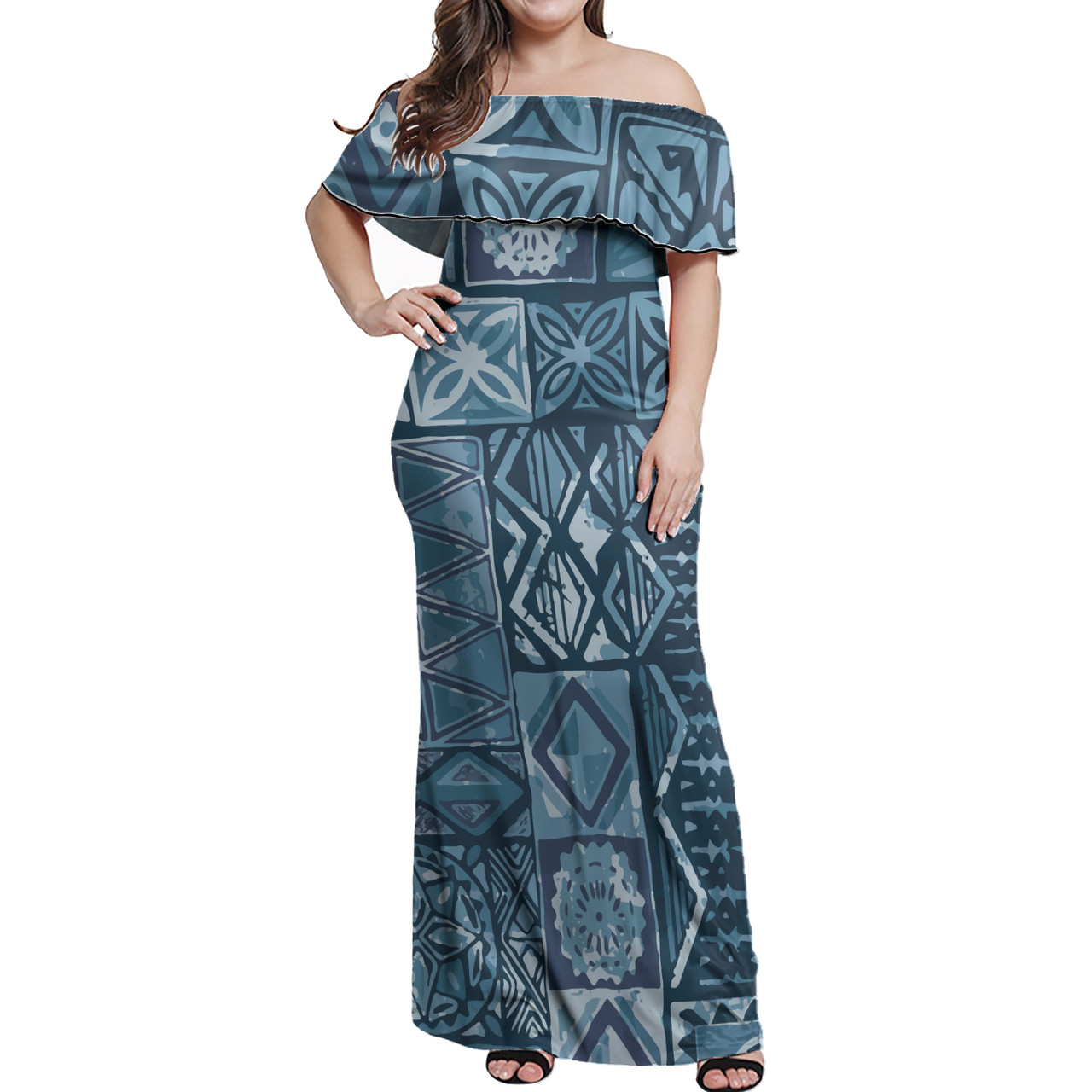 Polynesian Woman Off Shoulder Long Dress - Polynesian Pattern 01