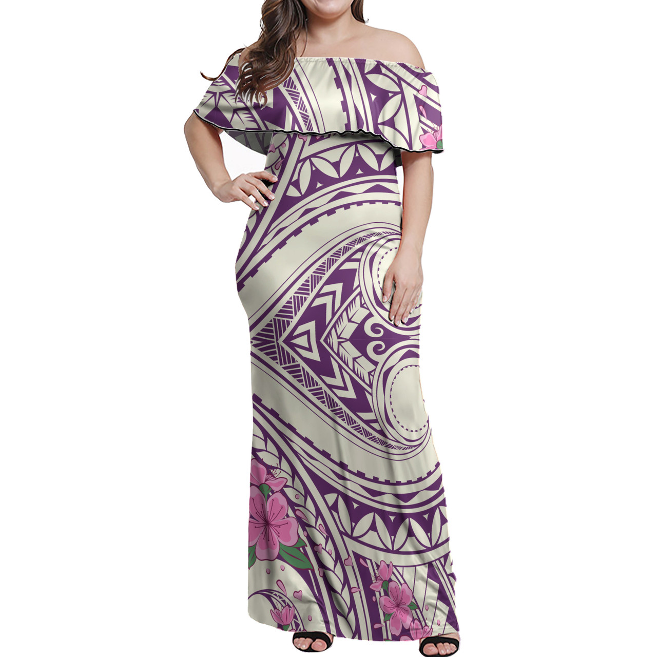 Polynesian Woman Off Shoulder Long Dress - Polynesian Pattern 02