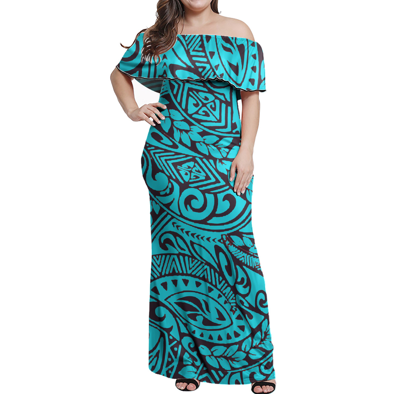 Polynesian Woman Off Shoulder Long Dress - Polynesian Pattern 13