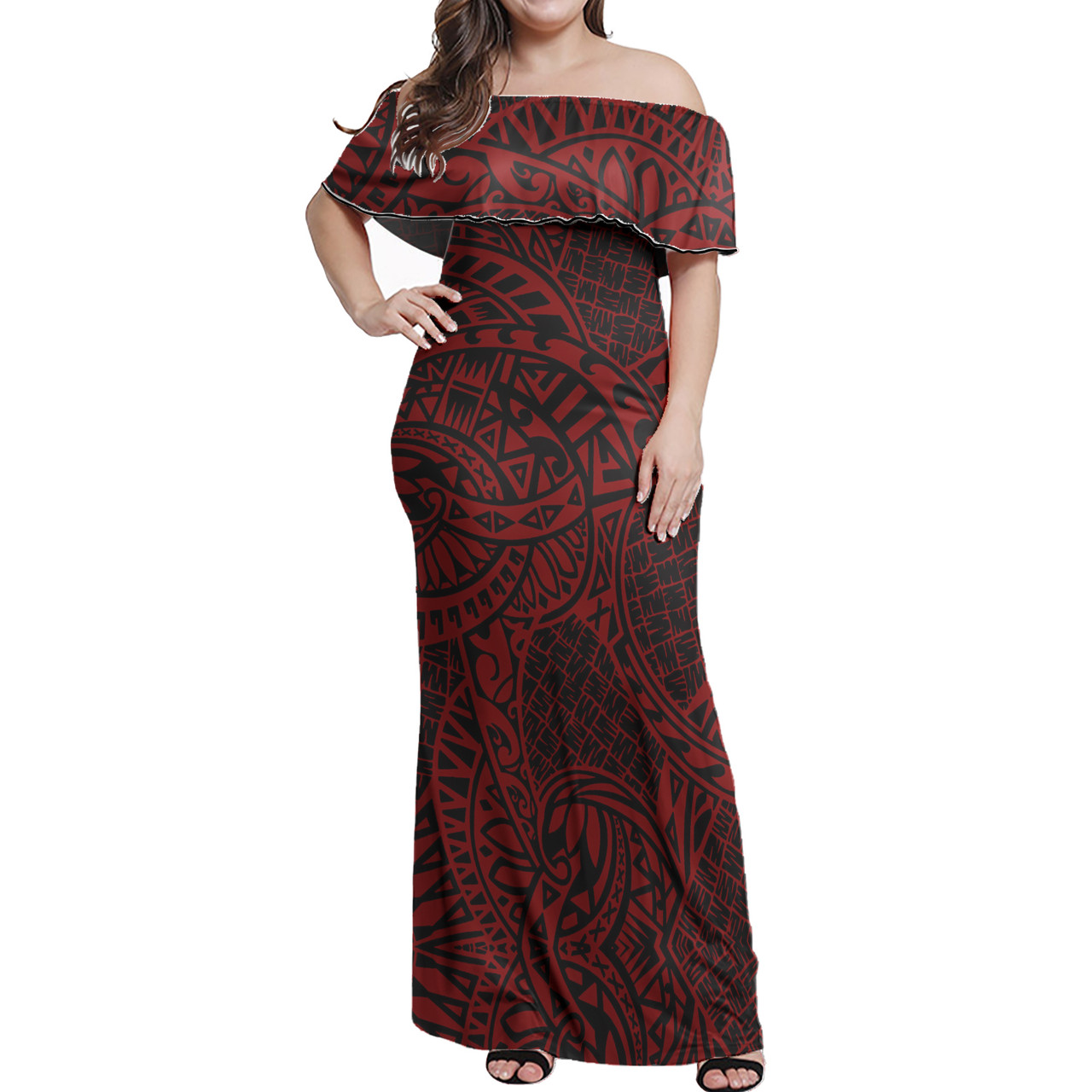 Polynesian Woman Off Shoulder Long Dress - Polynesian Pattern 22