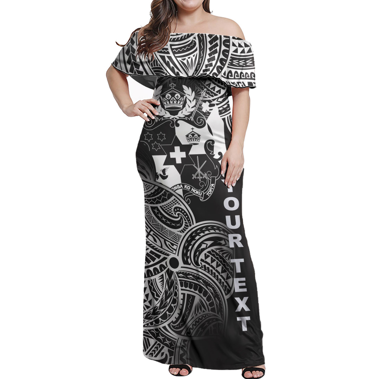 Tonga Woman Off Shoulder Long Dress - Tonga Tribal Flower White