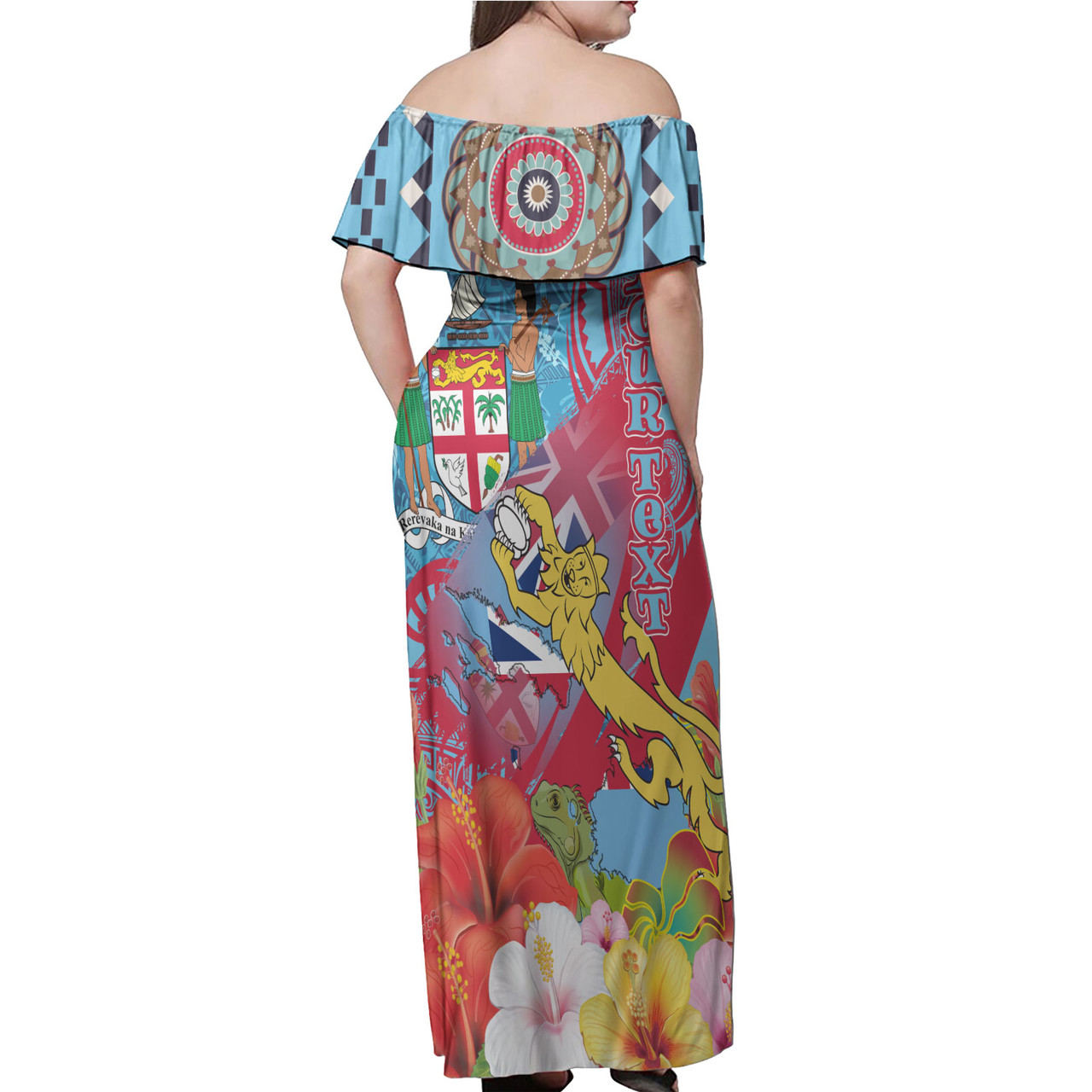 Fiji Woman Off Shoulder Long Dress - Custom Fiji Lion With Tapa Patterns And Polynesian Hibiscus