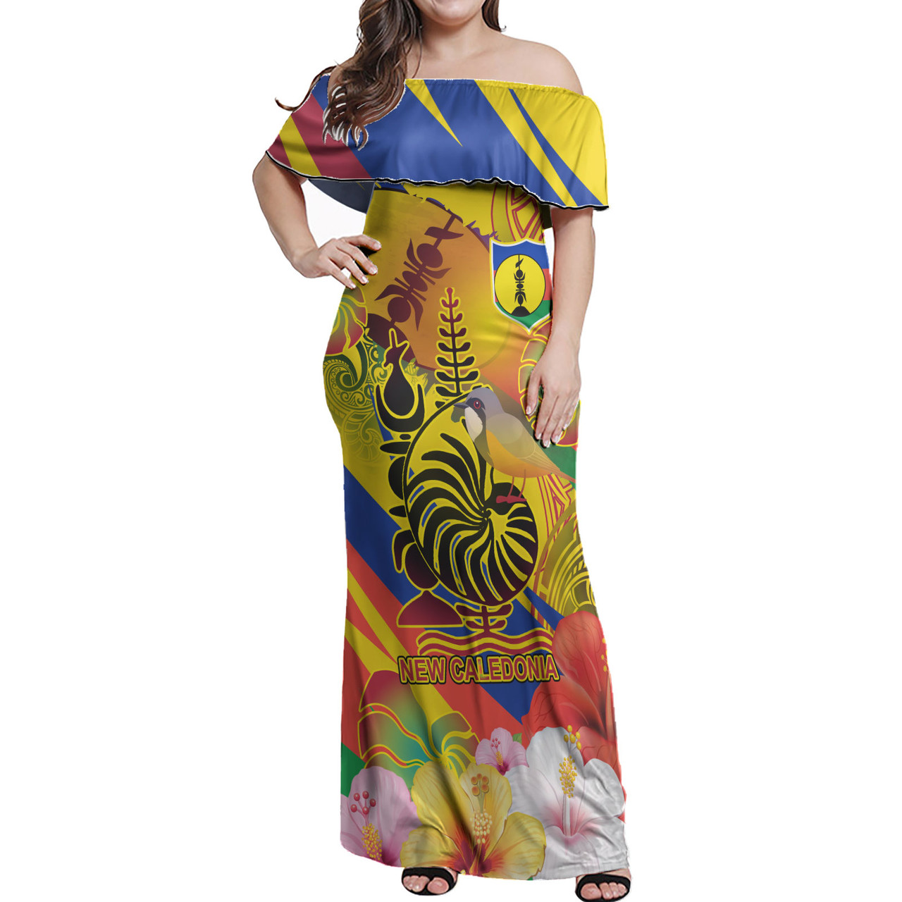 New Caledonia Woman Off Shoulder Long Dress - Custom New Caledonia National Emblem With Cagou And Hibiscus Polynesian