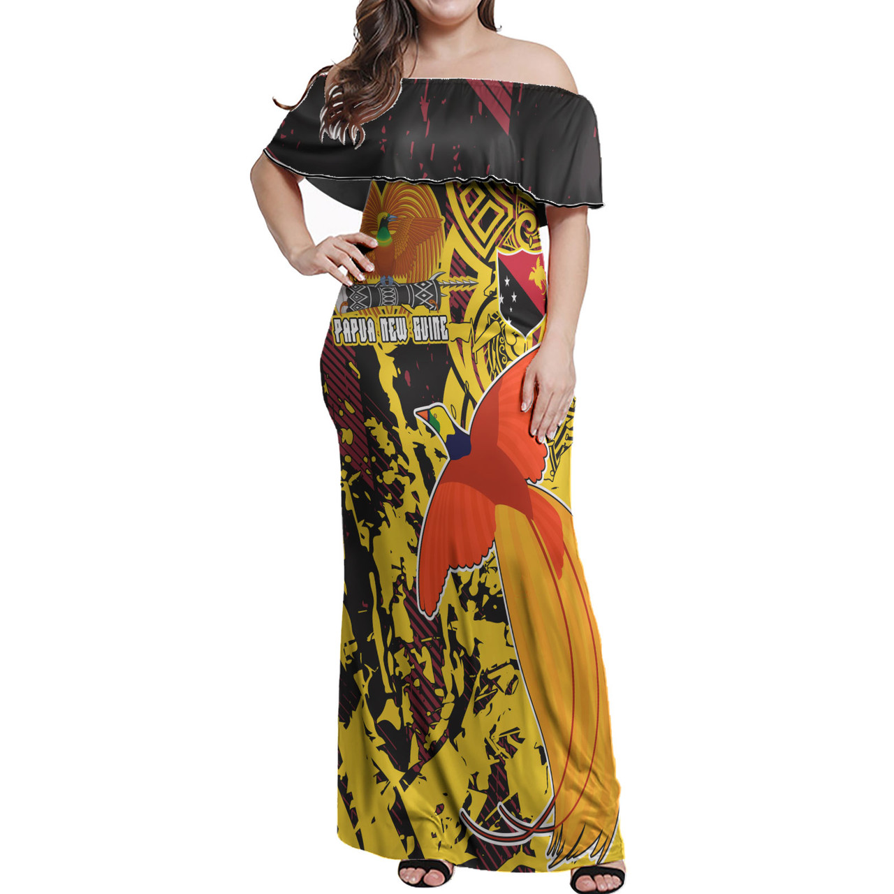 PNG Woman Off Shoulder Long Dress - Custom PNG Independence Day With Raggiana Bird-of-Paradise Polynesian Grunge Style