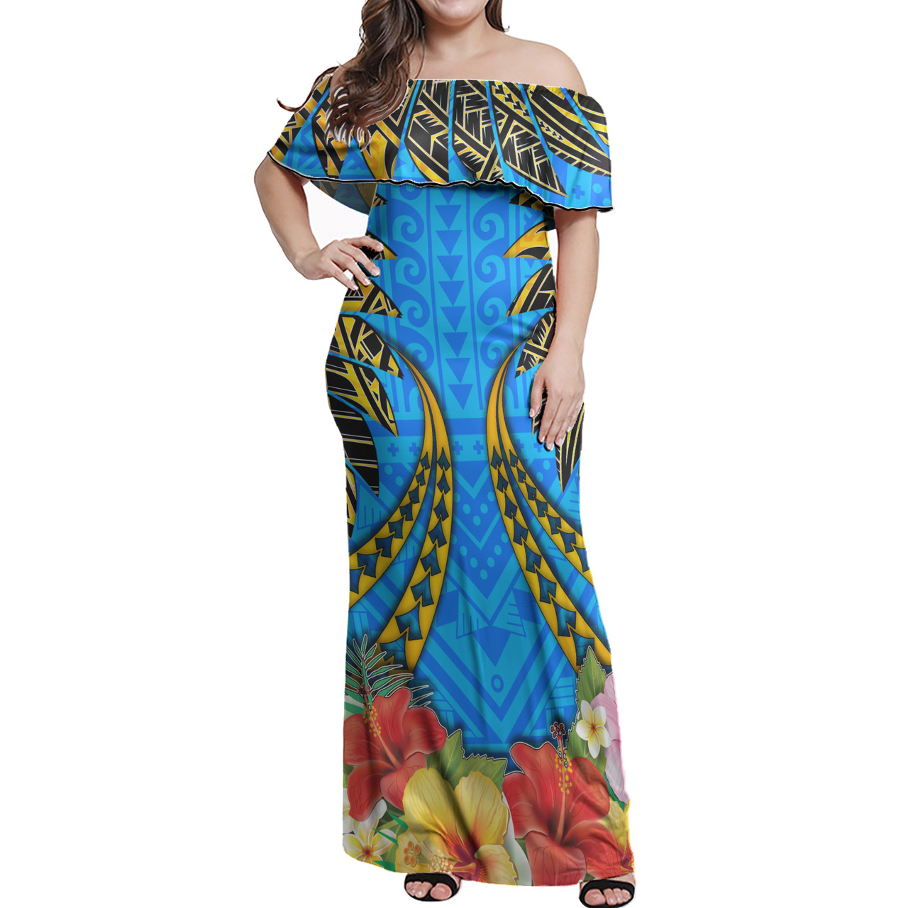 Polynesian Woman Off Shoulder Long Dress - Polynesian Design Pattern 04