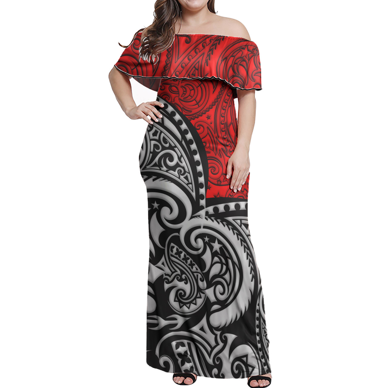 Polynesian Woman Off Shoulder Long Dress - Polynesian Design Pattern 05