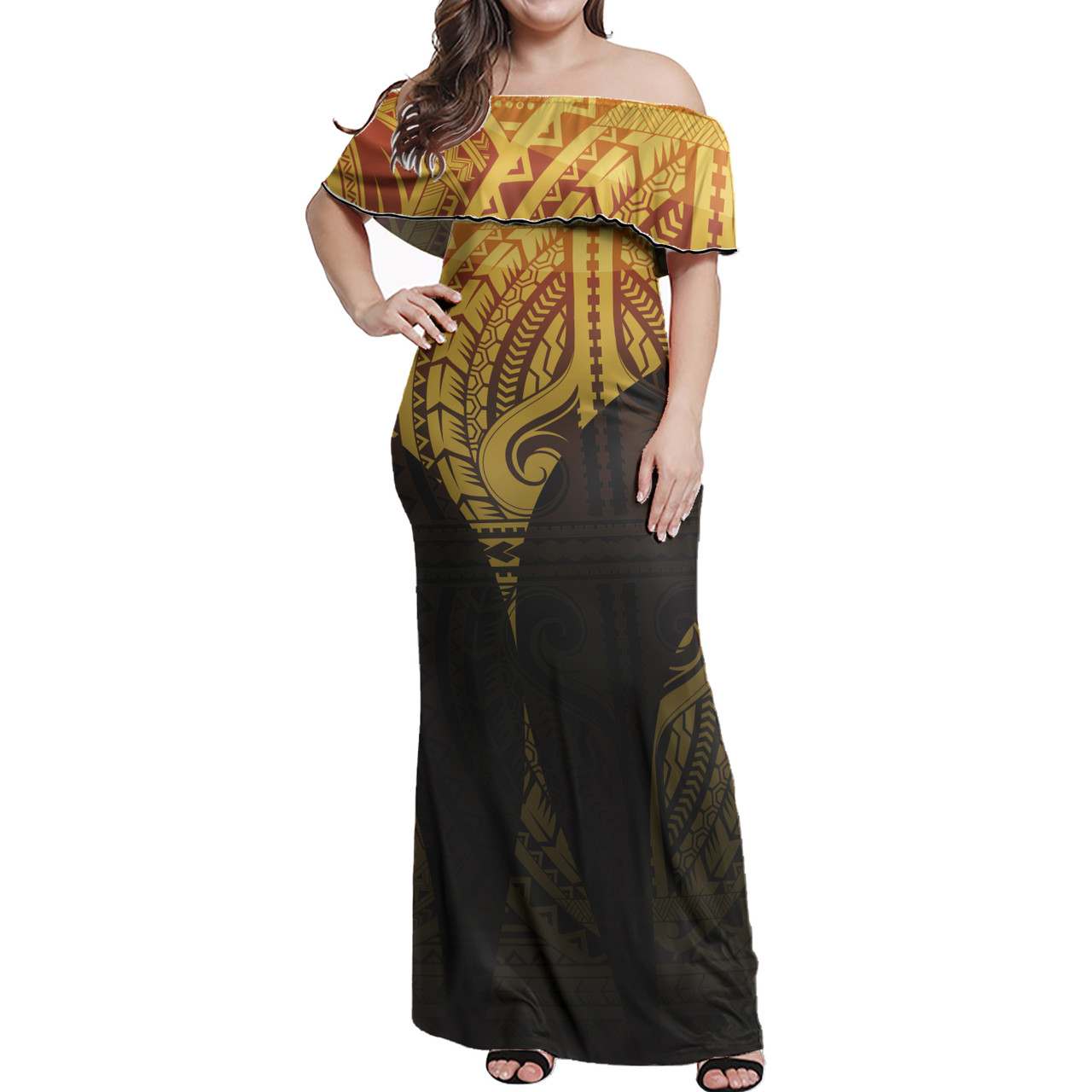 Polynesian Woman Off Shoulder Long Dress - Polynesian Design Pattern 09