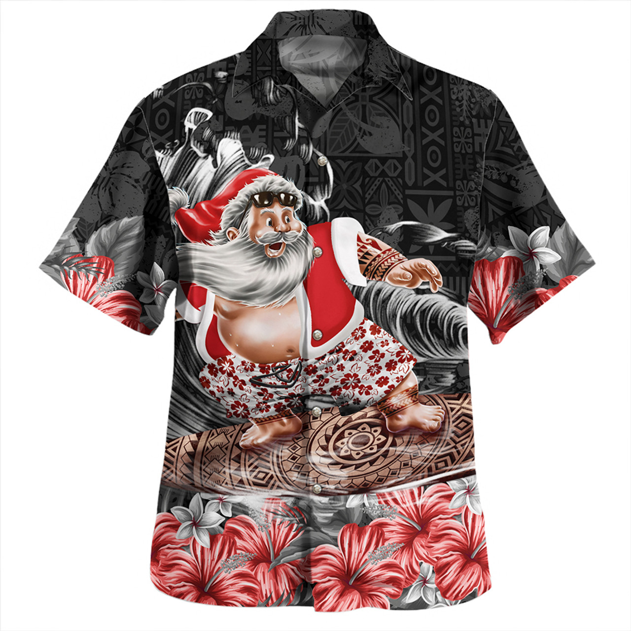 Santa Claus Surf Aloha Hawaiian Shirt Hibicus Polynesian Pattern Black