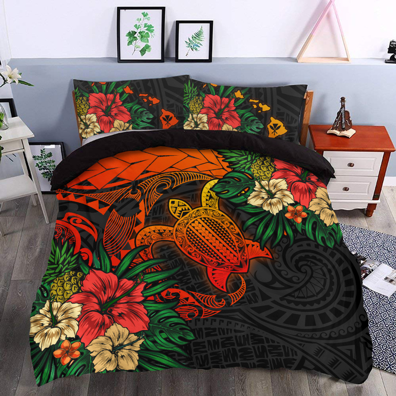 Hawaii Bedding Set - Hawaii Polynesian Turtle Tropical  Bedding Set