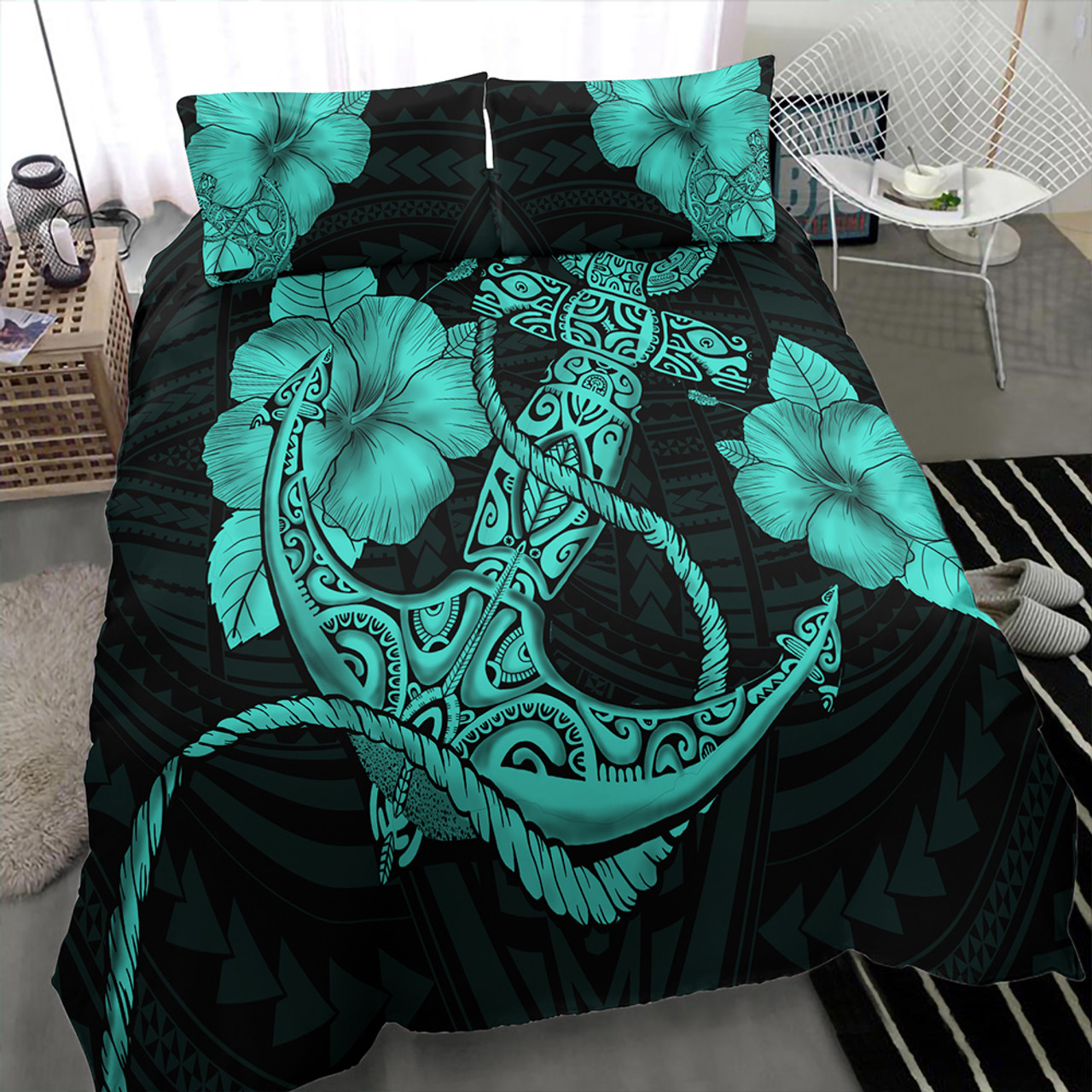 Hawaii Bedding Set Anchor Poly Tribal Turquoise