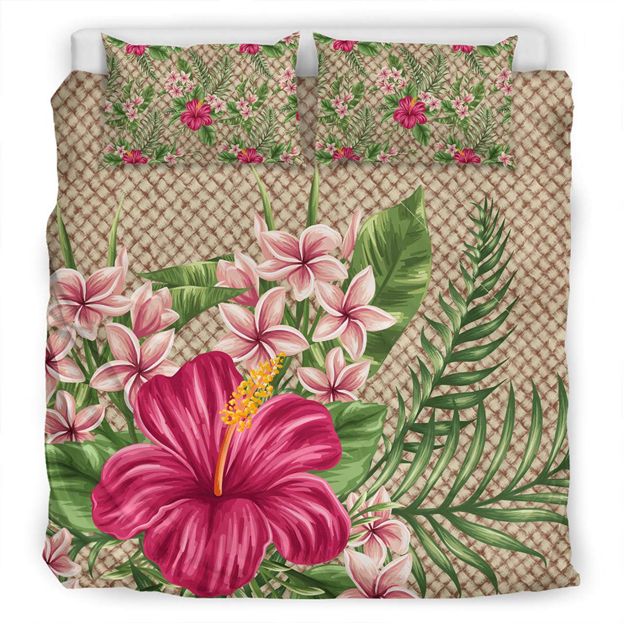 Hawaii Bedding Set Hibiscus Plumeria Palm Leaves Lauhala Background Polynesian