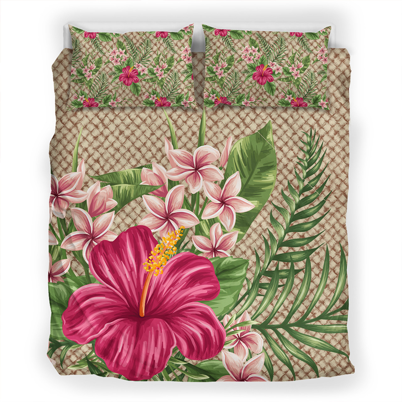 Hawaii Bedding Set Hibiscus Plumeria Palm Leaves Lauhala Background Polynesian