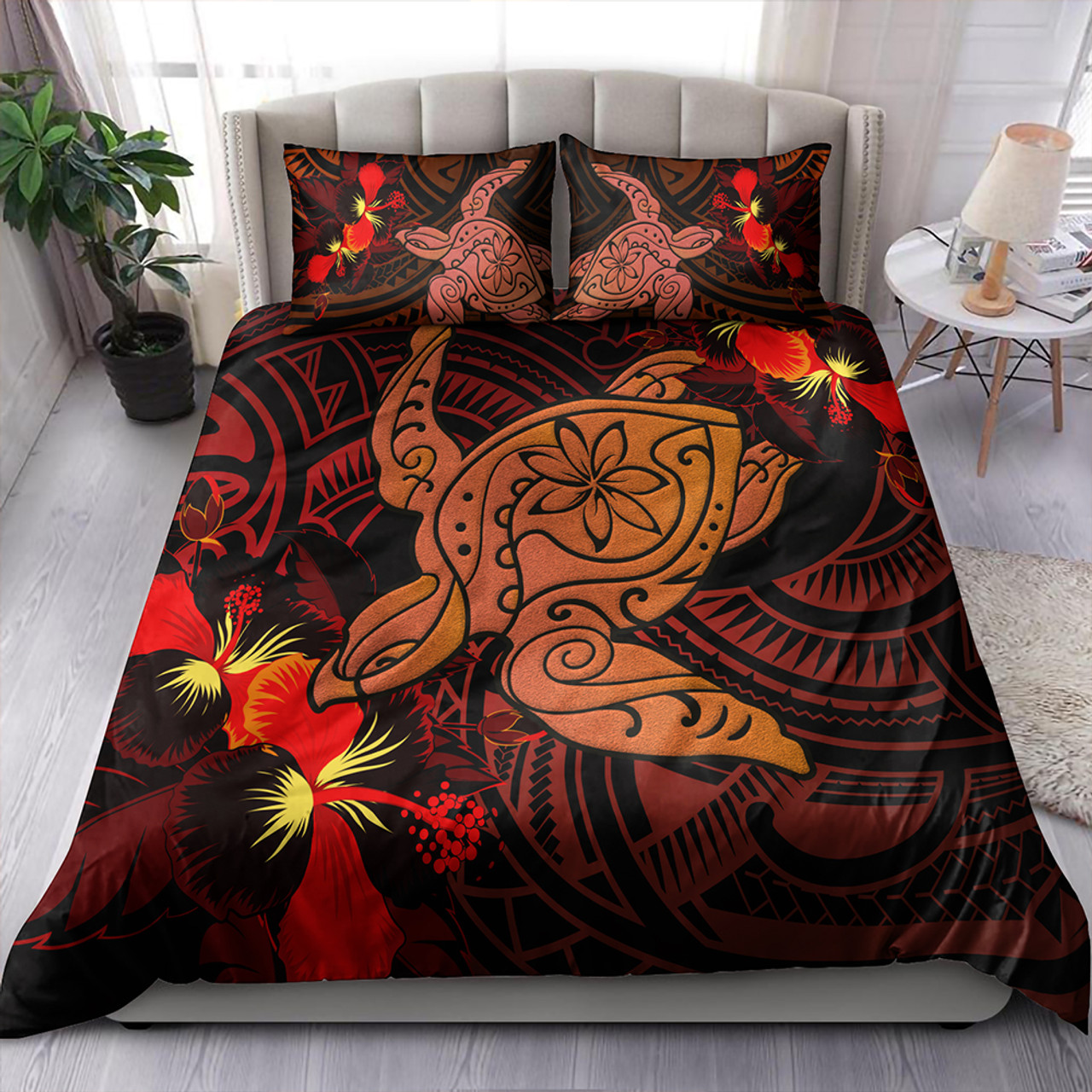 Hawaii Bedding Set Hibiscus Polynesian Red Big Turtle