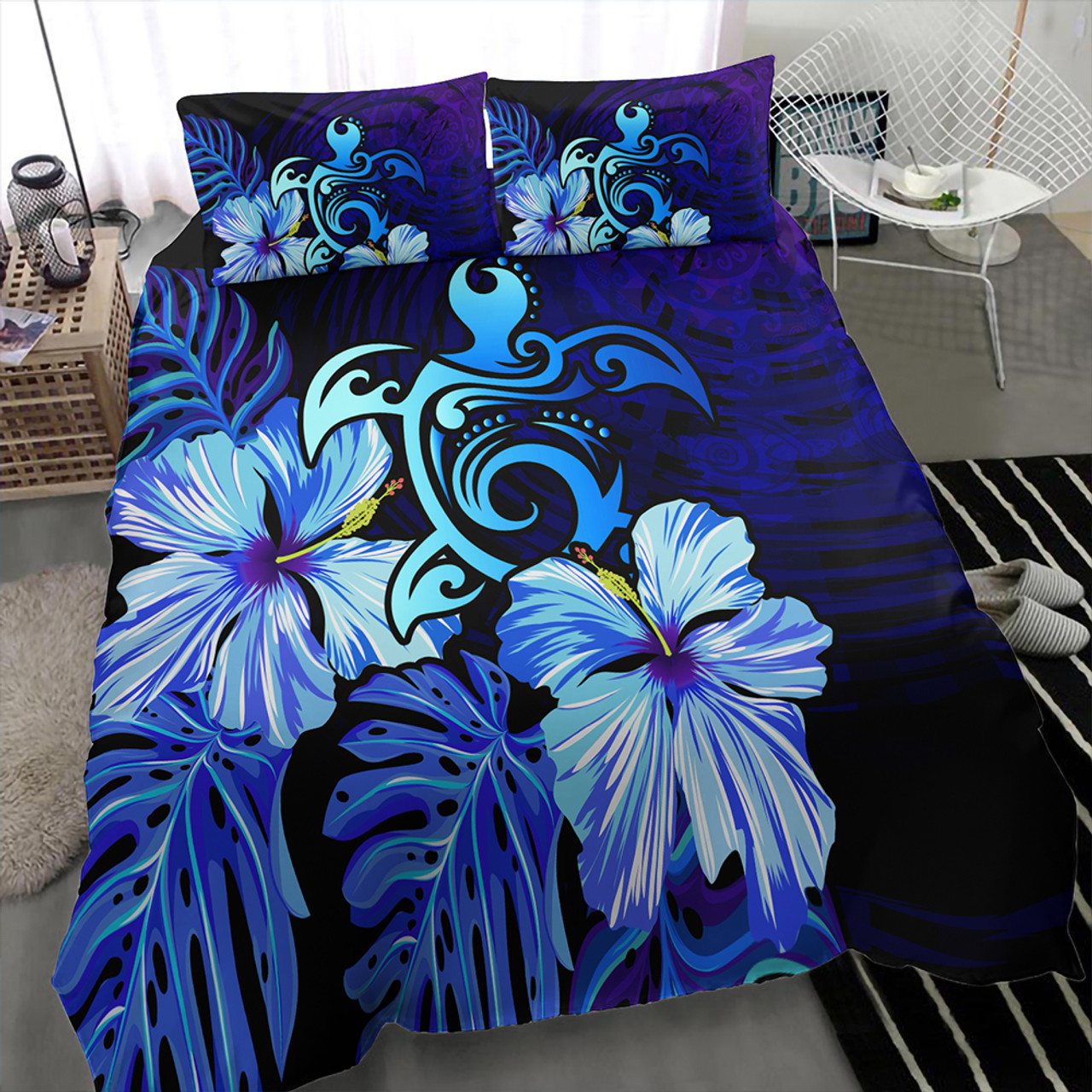 Hawaii Bedding Set Hibiscus Tropical Deep Ocean Turtle Sea