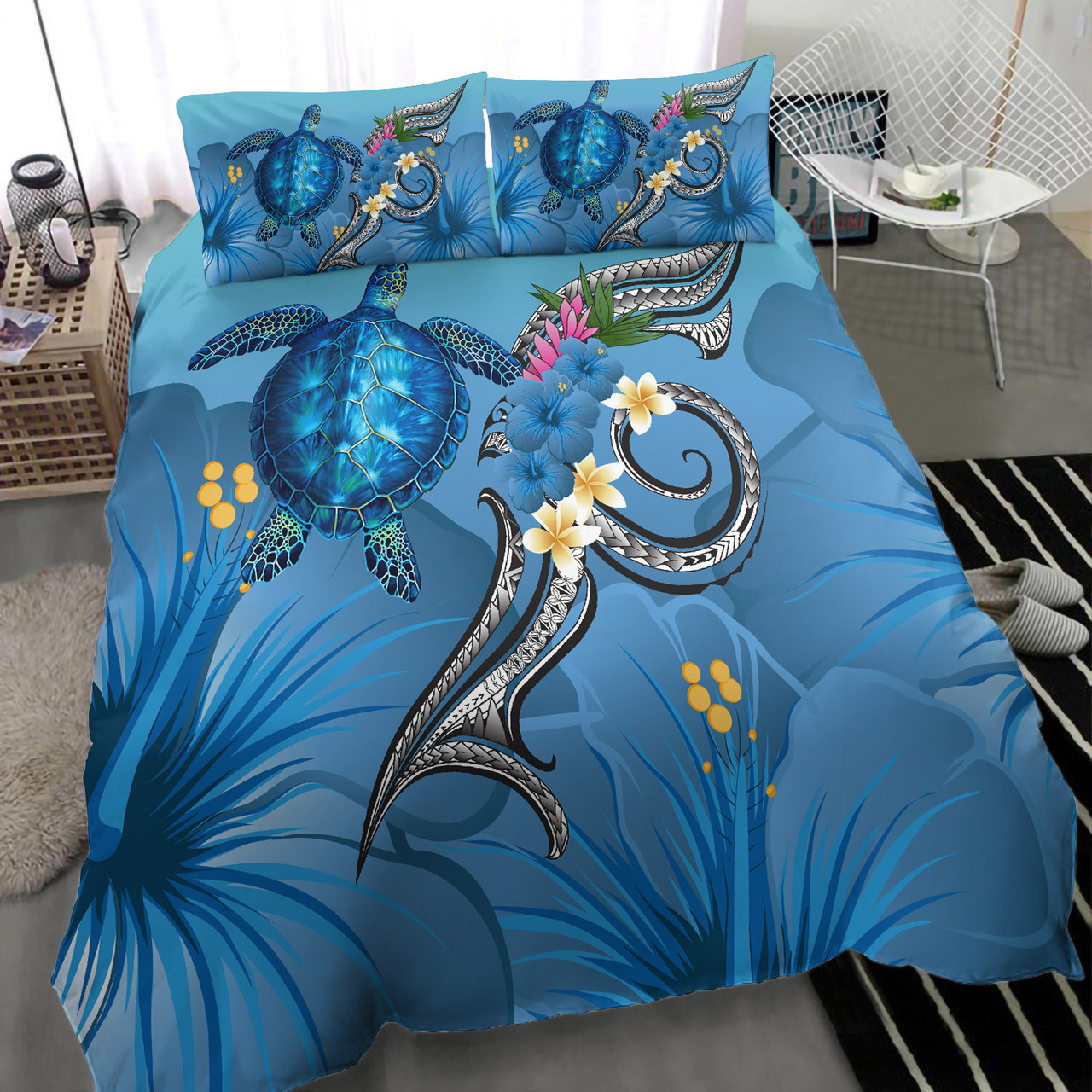 Hawaii Bedding Set  - Hawaii Ocean Turtle Hibiscus Blue