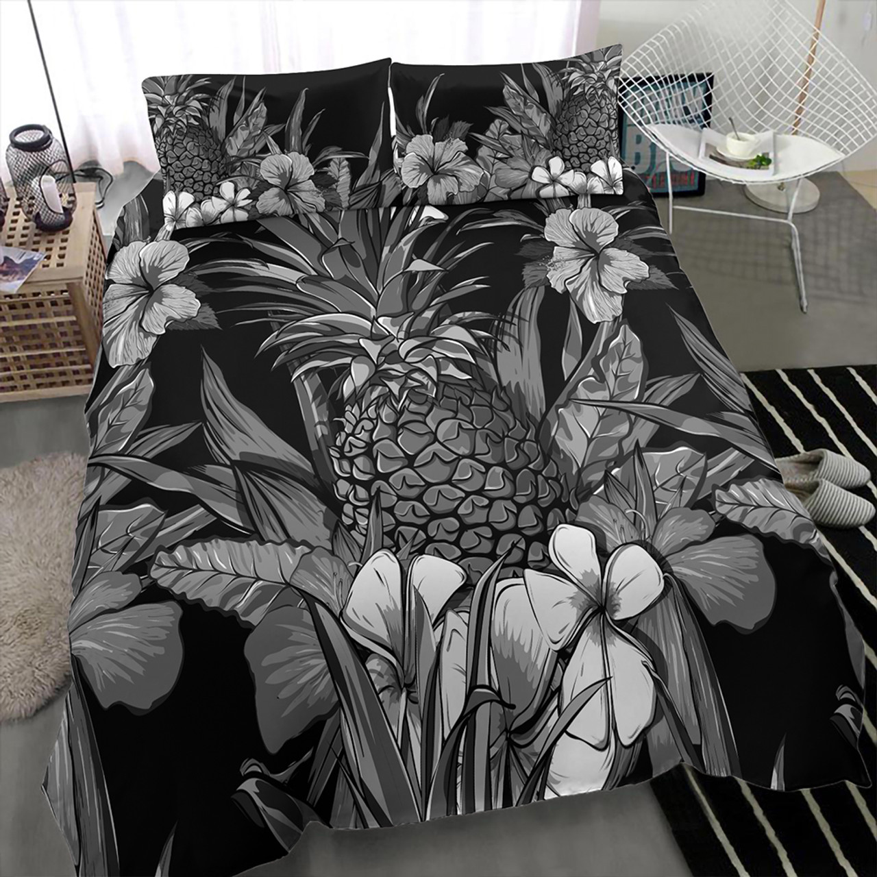 Hawaii Bedding Set Pineapple Hibiscus Black And White