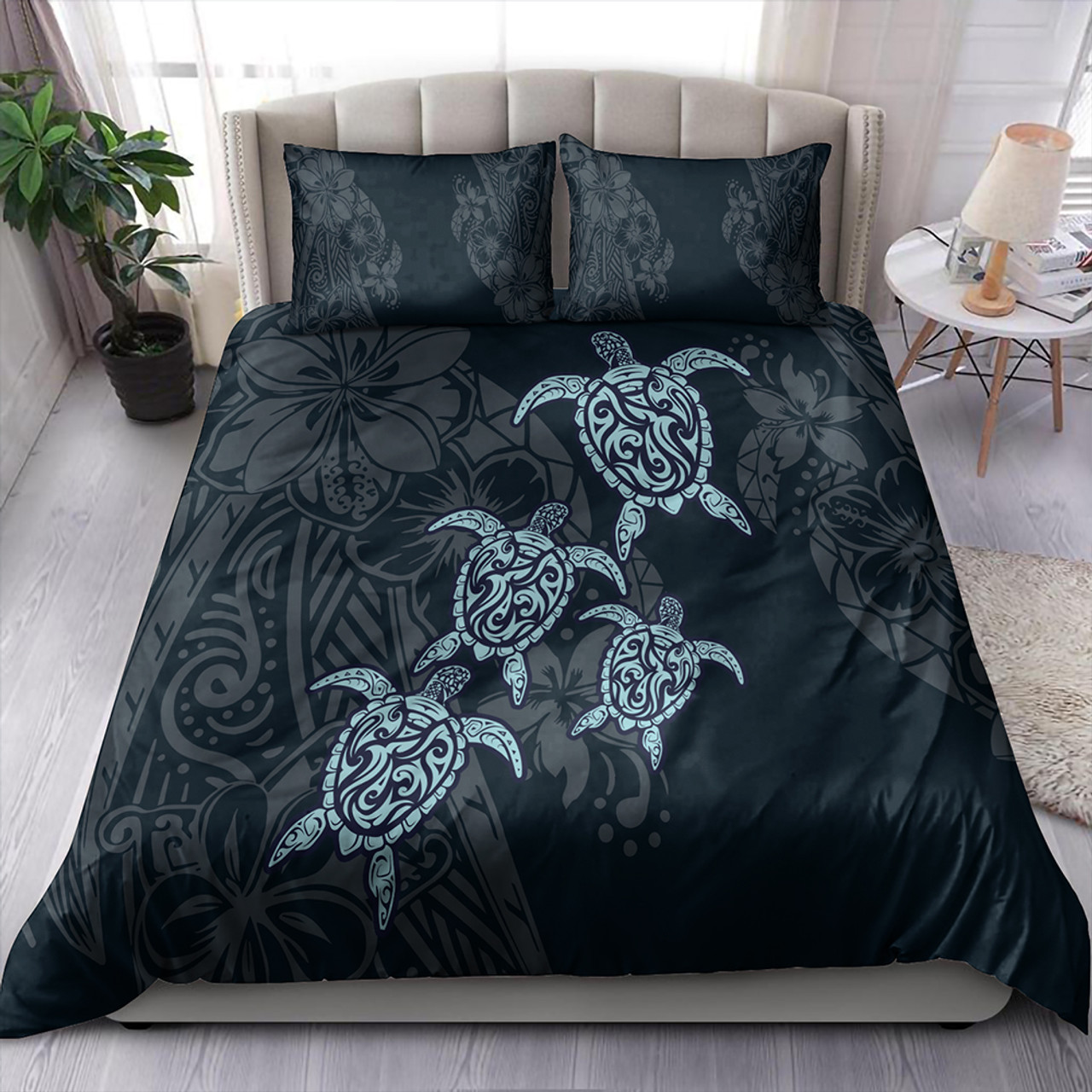 Hawaii Bedding Set Plumeria Polynesian Deep Sea Turtle