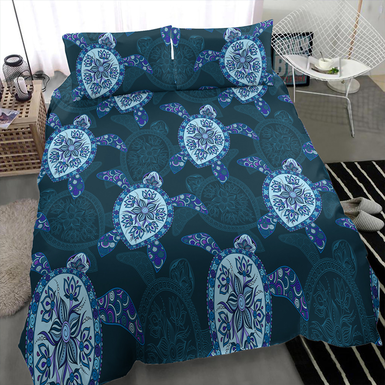 Hawaii Bedding Set Turtle Plumeria Blue