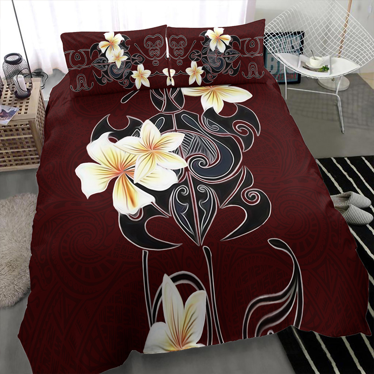 Hawaii Bedding Set Turtle Poly Trinal Plumeria Red