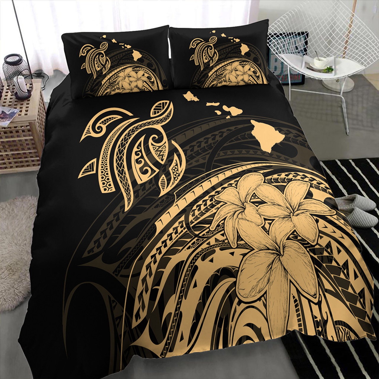 Hawaii Bedding Set Turtle Polynesian Map Plumeria Gold