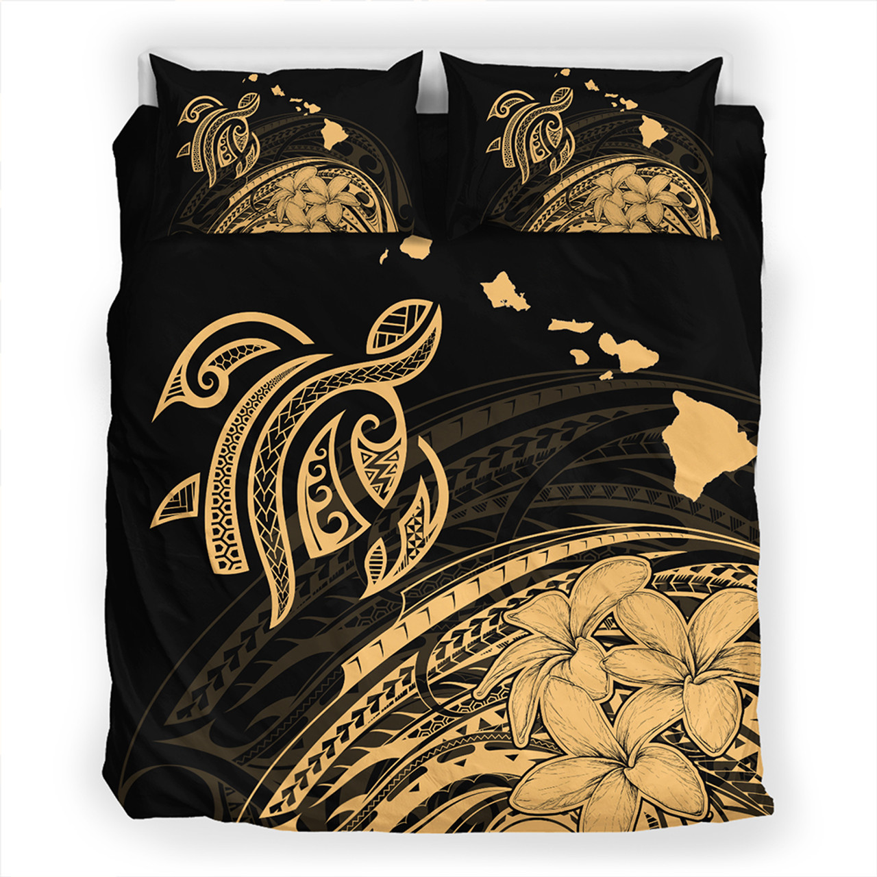 Hawaii Bedding Set Turtle Polynesian Map Plumeria Gold