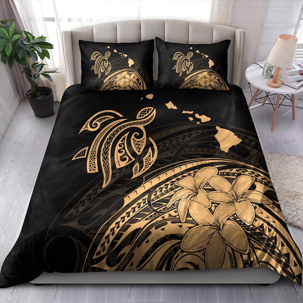 Hawaii Bedding Set Turtle Polynesian Map Plumeria Gold