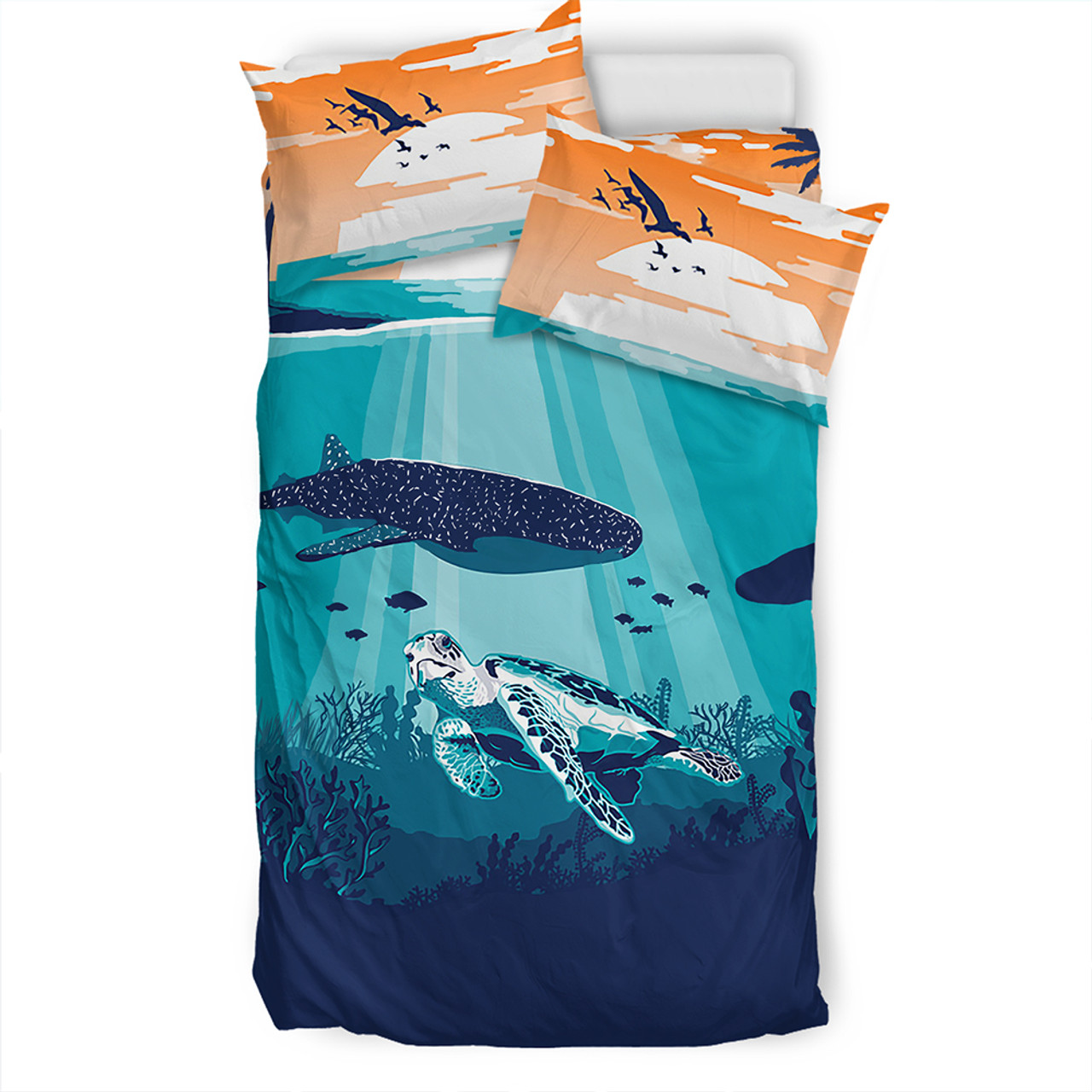 Hawaii Bedding Set Whale And Turtle In Sunset Polynesian