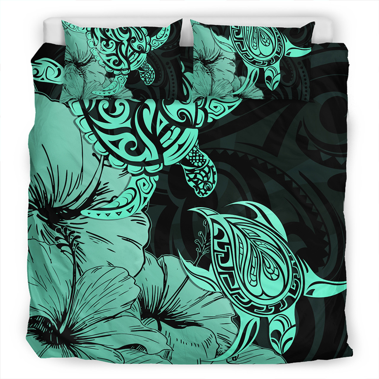 Hawaii Turtle Bedding Set Polynesian Hibiscus Art Turquoise