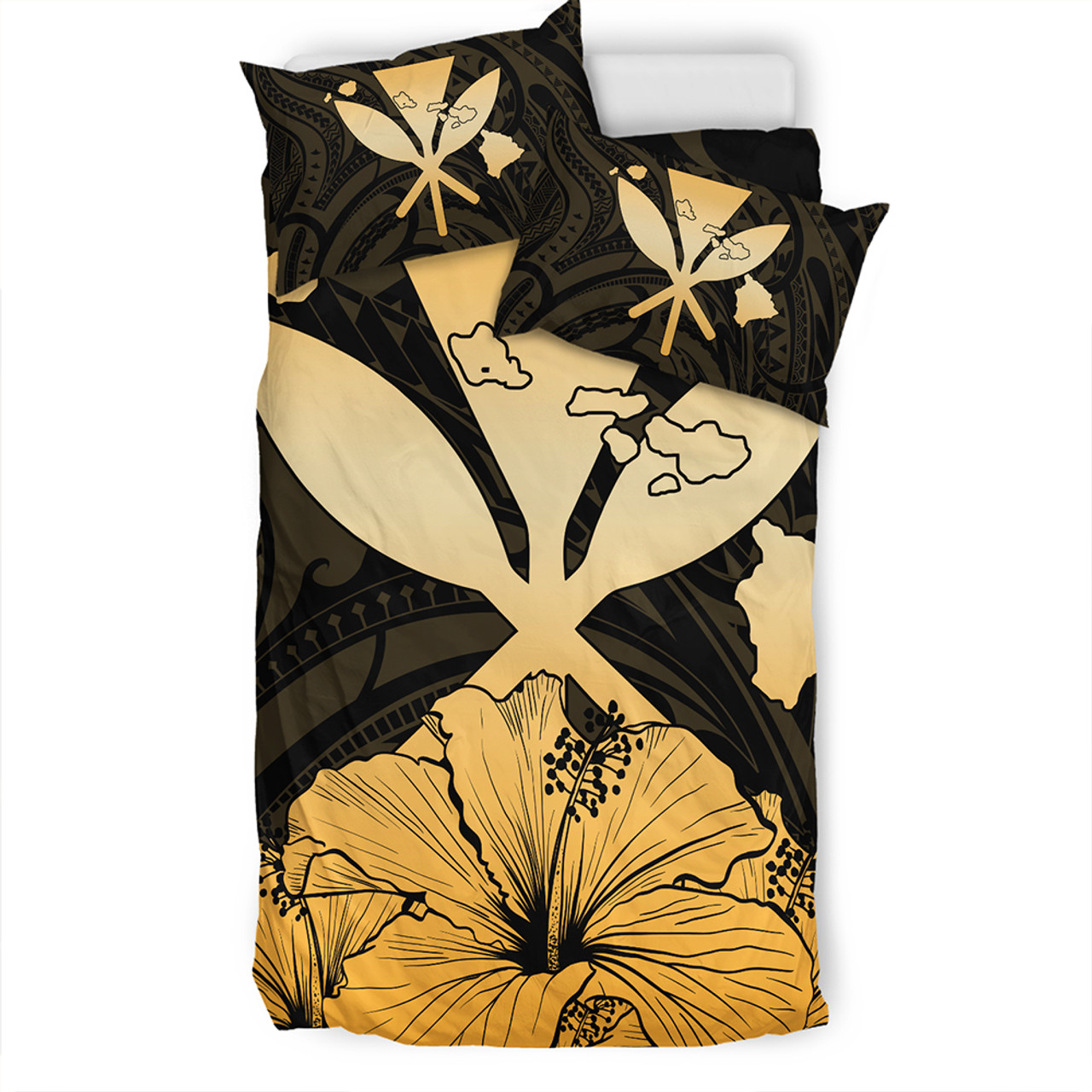 Hawaiian Bedding Set Kanaka Maoli Hibiscus Polynesian Love Gold