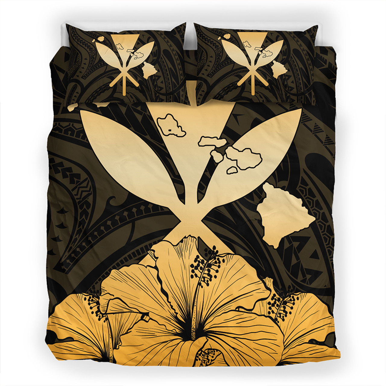 Hawaiian Bedding Set Kanaka Maoli Hibiscus Polynesian Love Gold