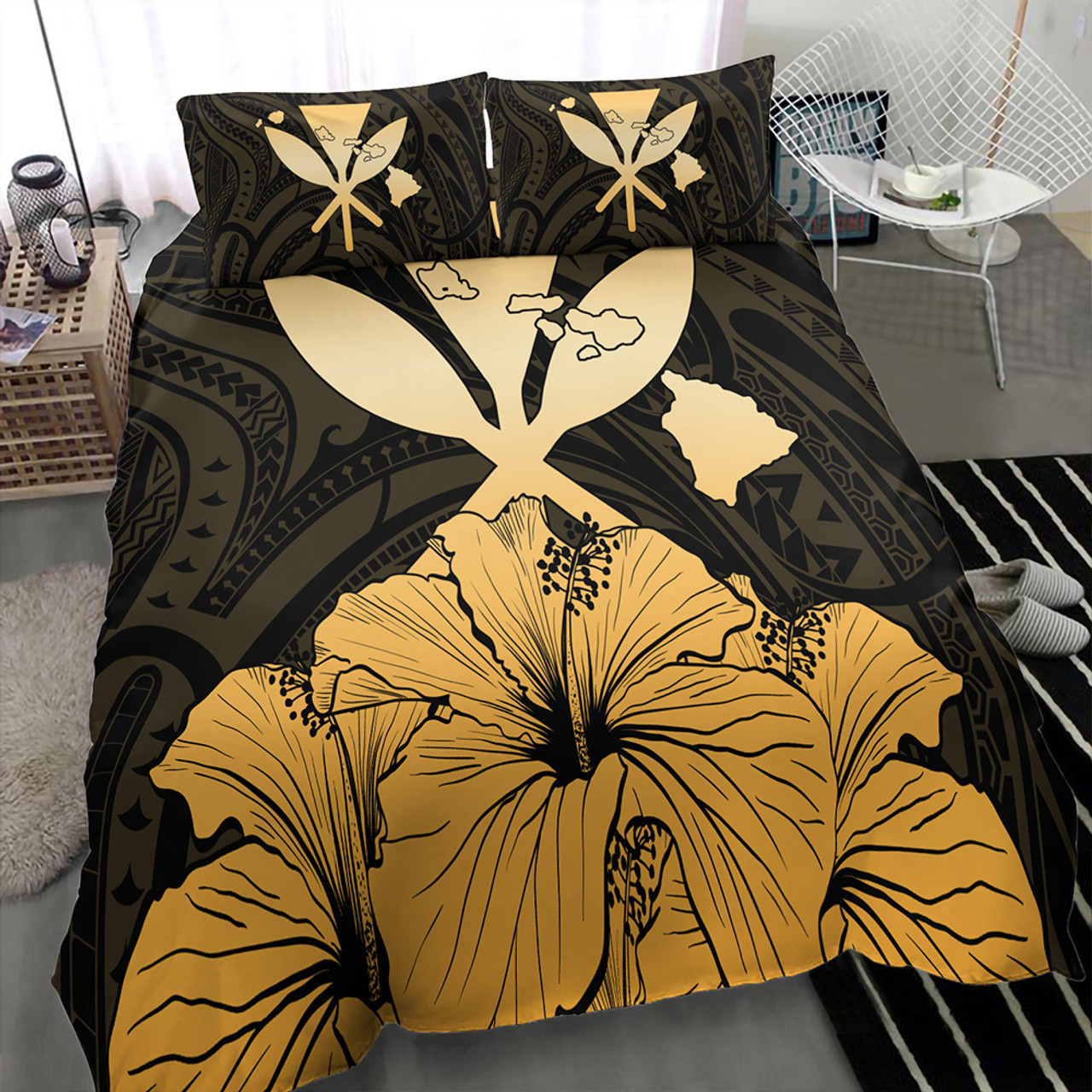 Hawaiian Bedding Set Kanaka Maoli Hibiscus Polynesian Love Gold