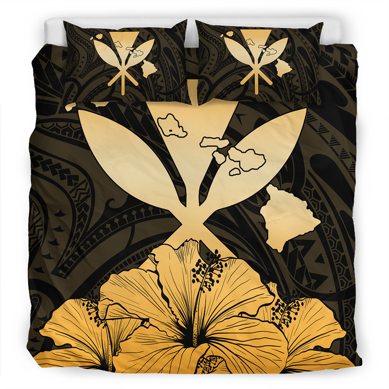 Hawaiian Bedding Set Kanaka Maoli Hibiscus Polynesian Love Gold