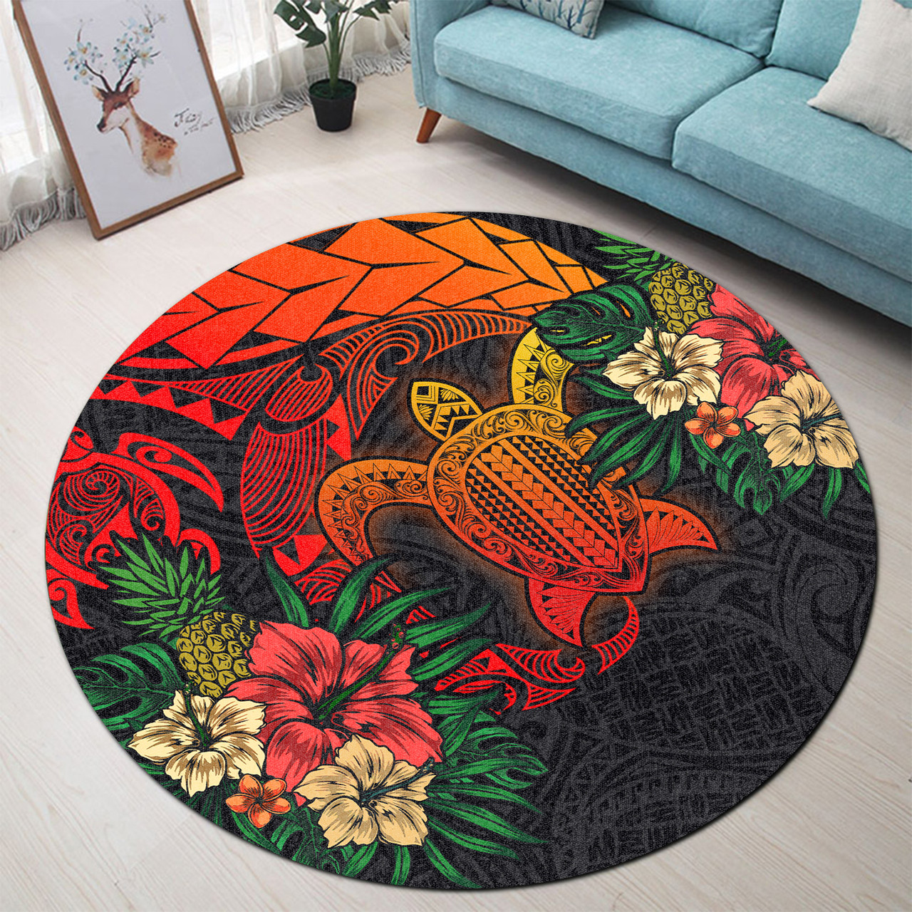 Hawaii Polynesian Turtle Tropical Round Rug