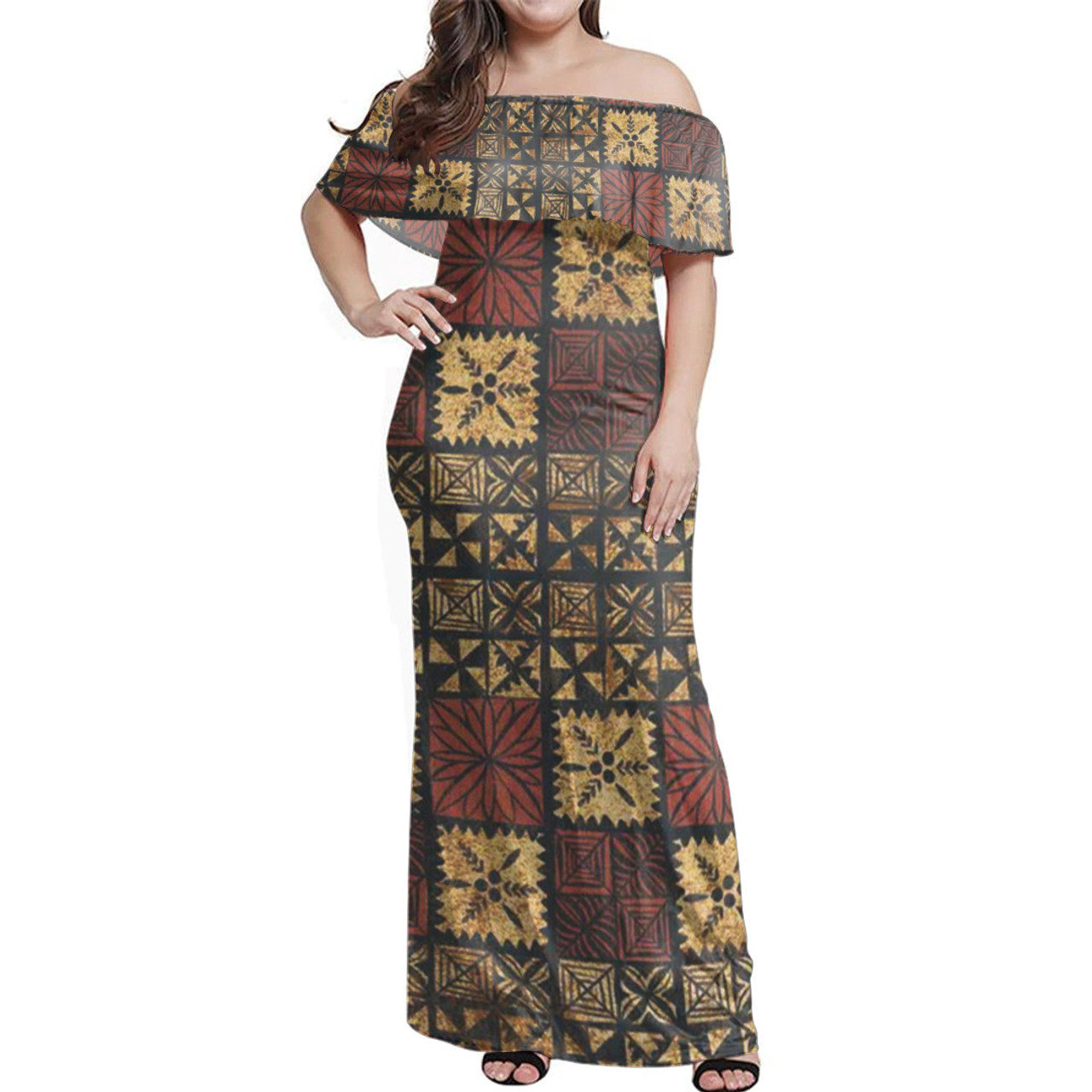 Tonga Ngatu Design Woman Off Shoulder Long Dress