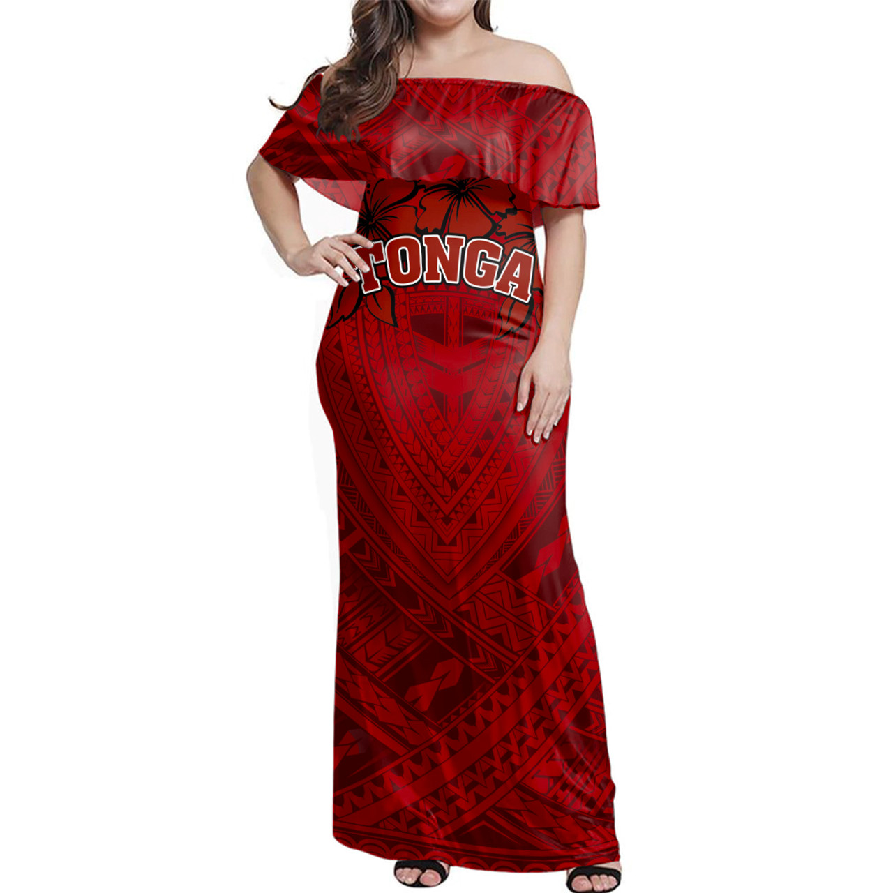 Tonga Polynesian Hibiscus Style Woman Off Shoulder Long Dress