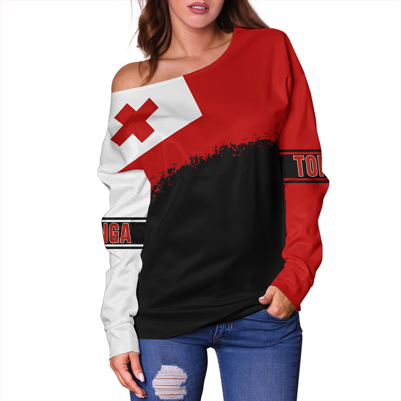 Tonga Off Shoulder Sweatshirt Tonga Flag Grunge