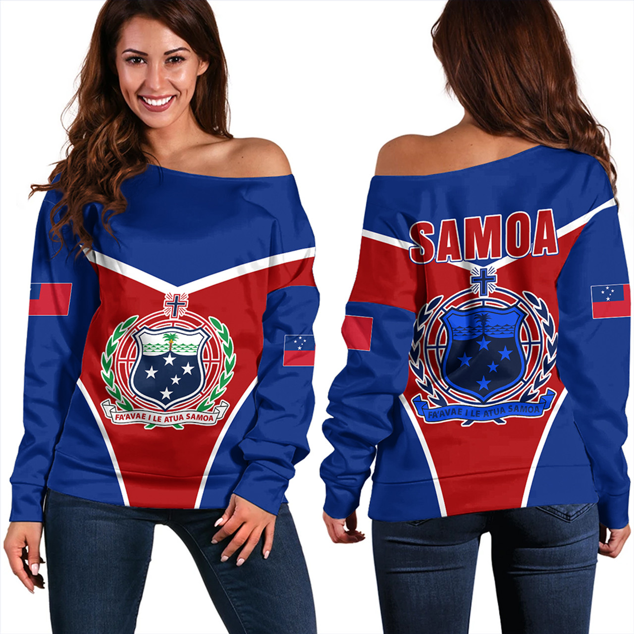 Samoa Off Shoulder Sweatshirt Samoa Flag And Coat Of Arms Style