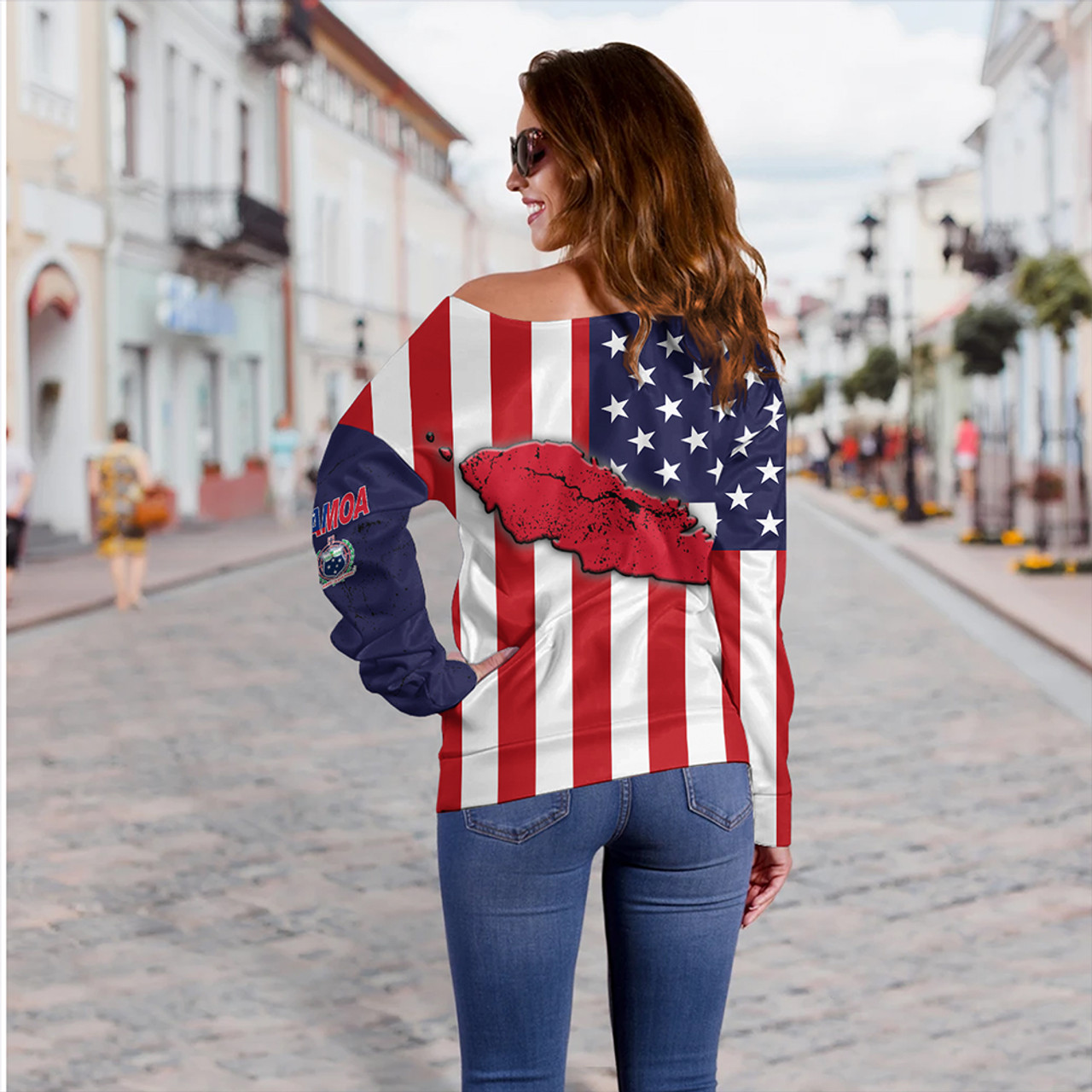 Samoa Off Shoulder Sweatshirt American Samoa Map With American Flag