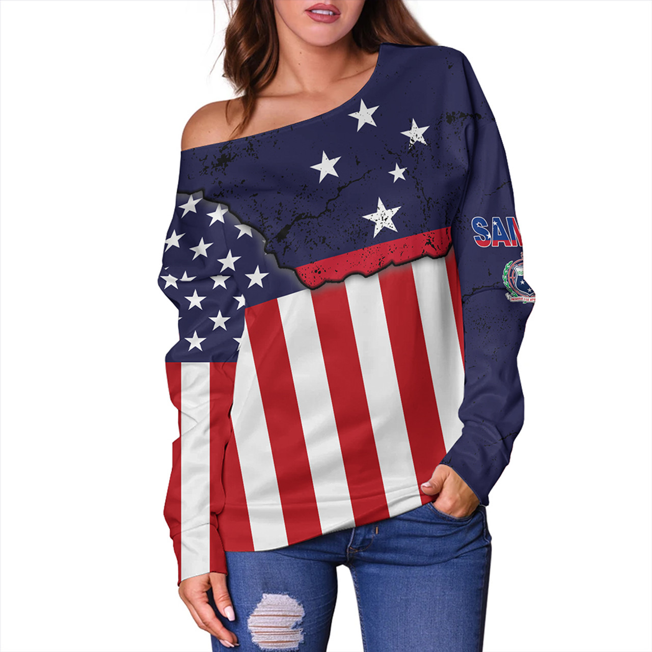 Samoa Off Shoulder Sweatshirt American Samoa Map With American Flag