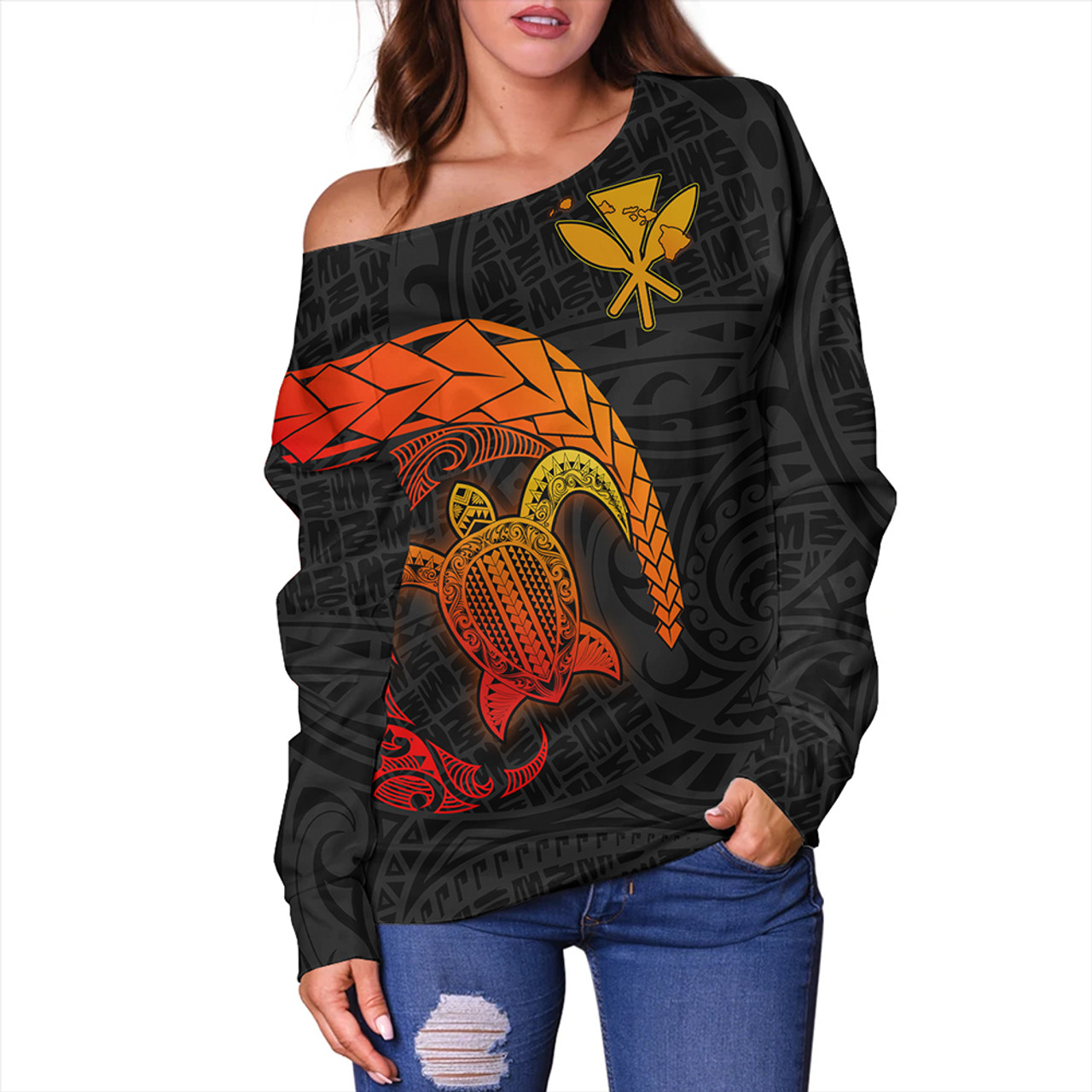 Hawaii Polynesian Turtle Tropical Off Shoulder Sweatshirt