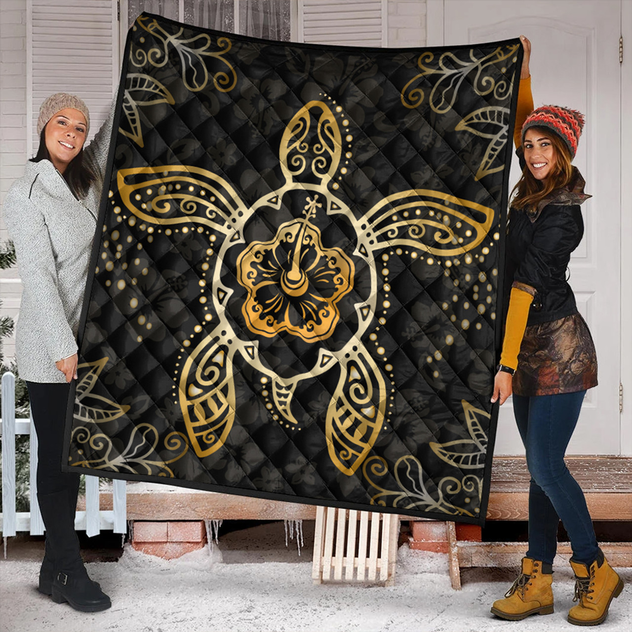 Hawaii Premium Quilt Golden Hibiscus And Turtle