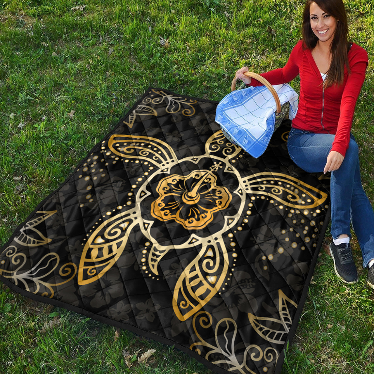 Hawaii Premium Quilt Golden Hibiscus And Turtle