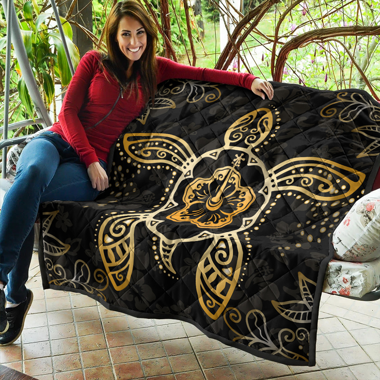 Hawaii Premium Quilt Golden Hibiscus And Turtle