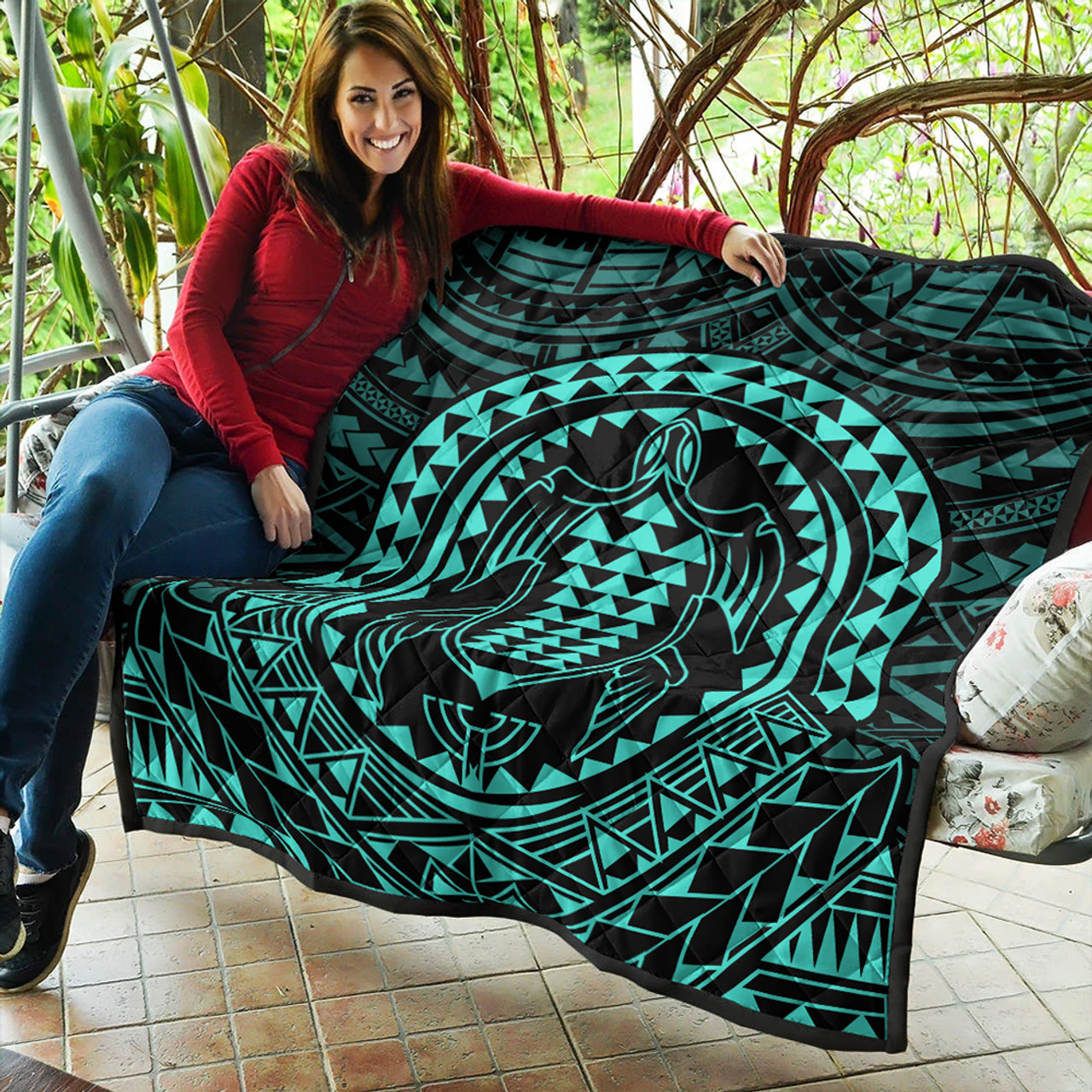 Hawaii Premium Quilt Kakau Honu Arc Polynesian Turquoise