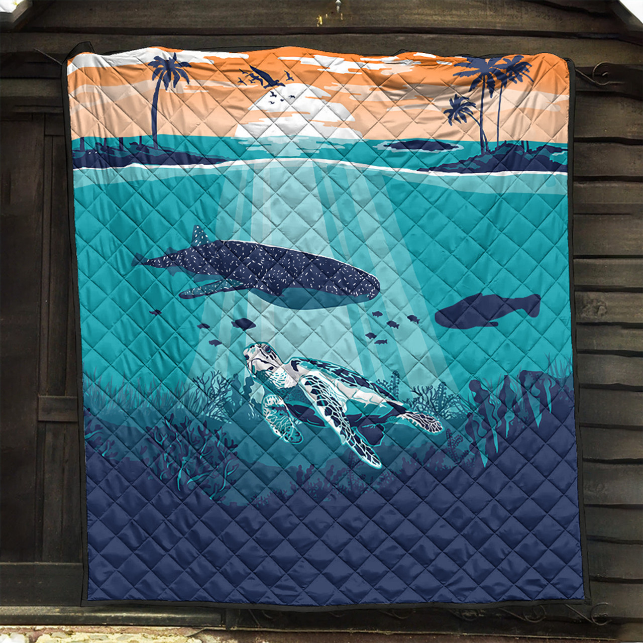 Hawaii Premium Quilt Whale And Turtle In Sunset Polynesian