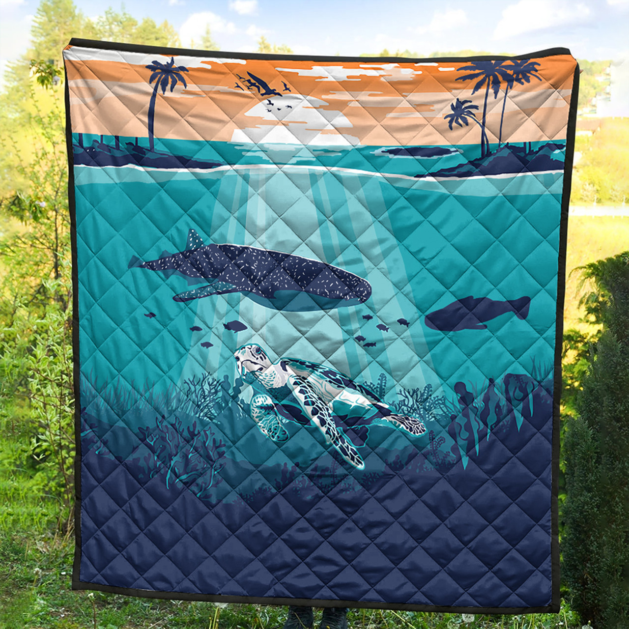 Hawaii Premium Quilt Whale And Turtle In Sunset Polynesian